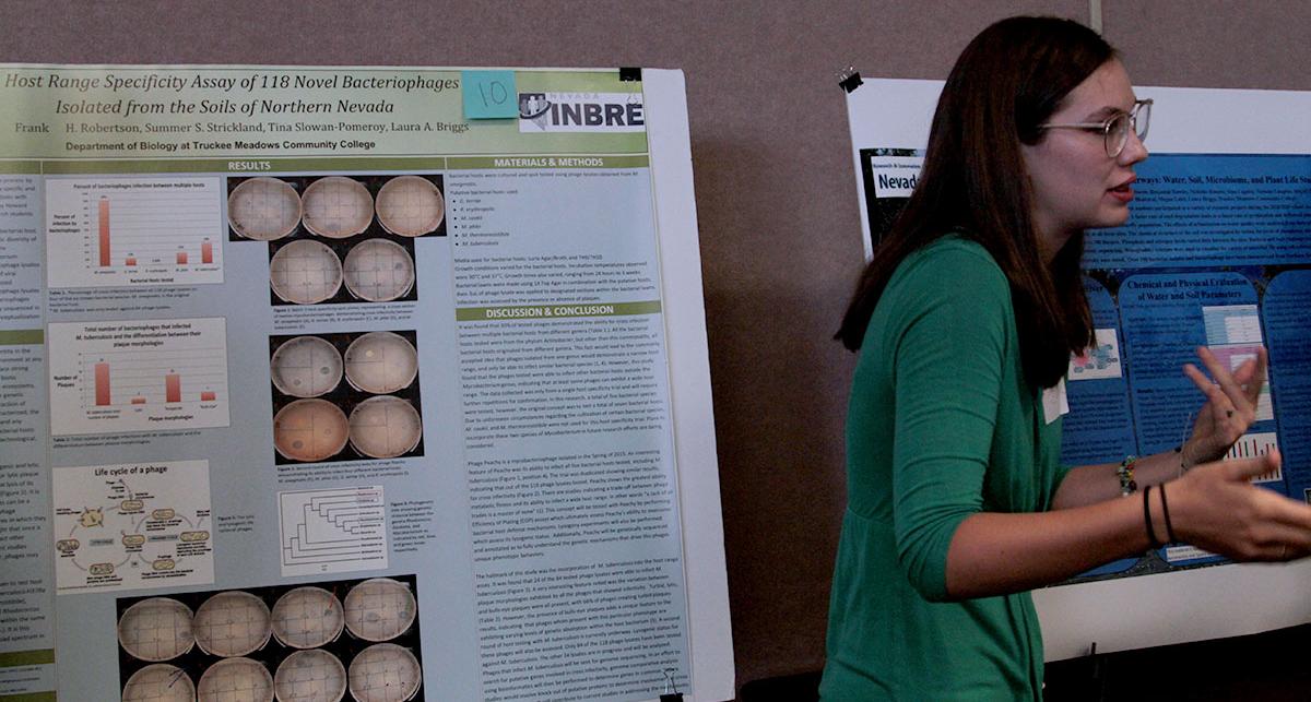 Student explaining an experiment poster.