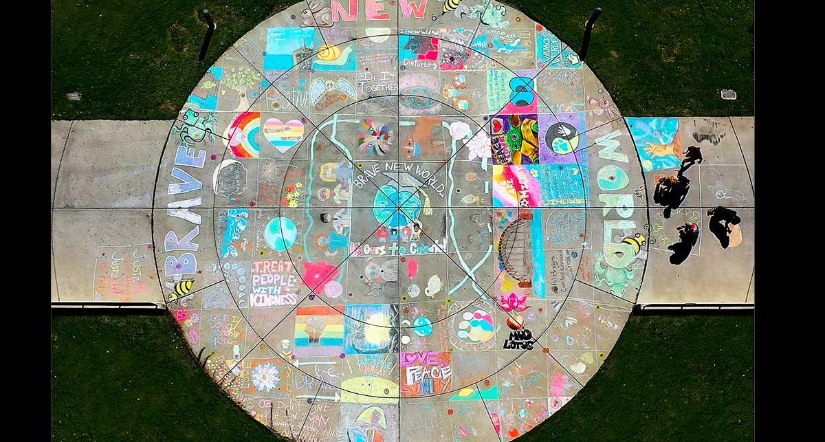 The circular quad at TMCC, covered in chalk drawings.