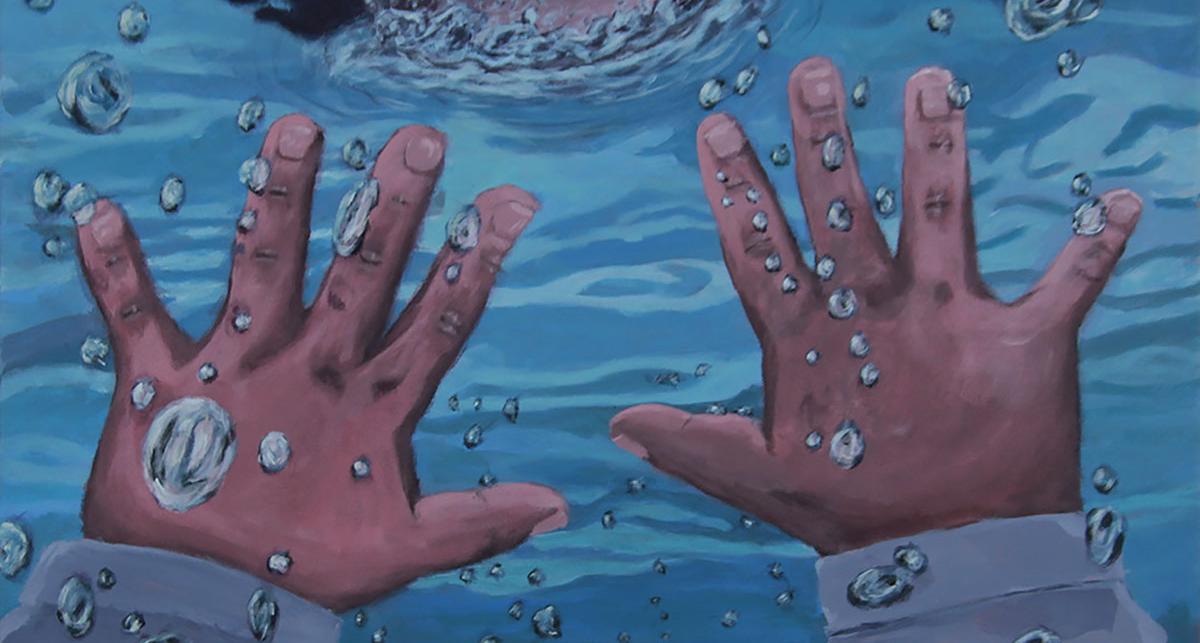 Creating art—everything from the canvas to the paint itself—is an expression of Sullivan's desire to make his art his own. This painting is titled 'Underwater.'