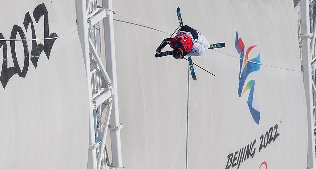 David Wise inverted in the air while competing in the Men's Freeski Halfpipe.