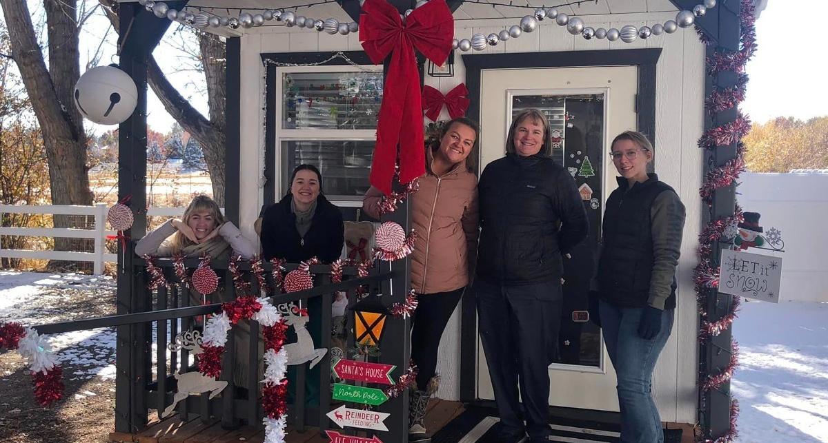 Julie McMahon and vet nursing students beside a Santa Paws holiday decorated cabin.