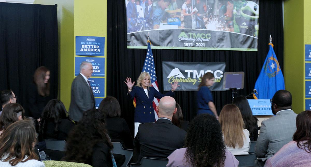 Dr. Jill Biden addresses students and employees.