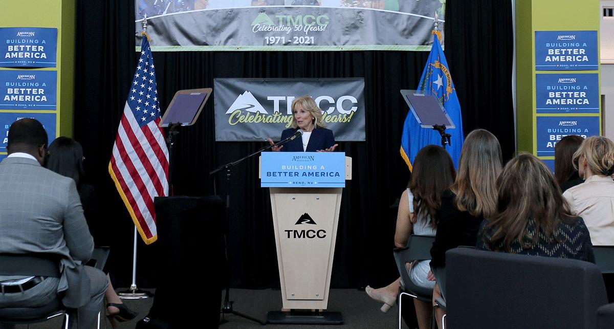 Dr. Jill Biden speaking at a podium.