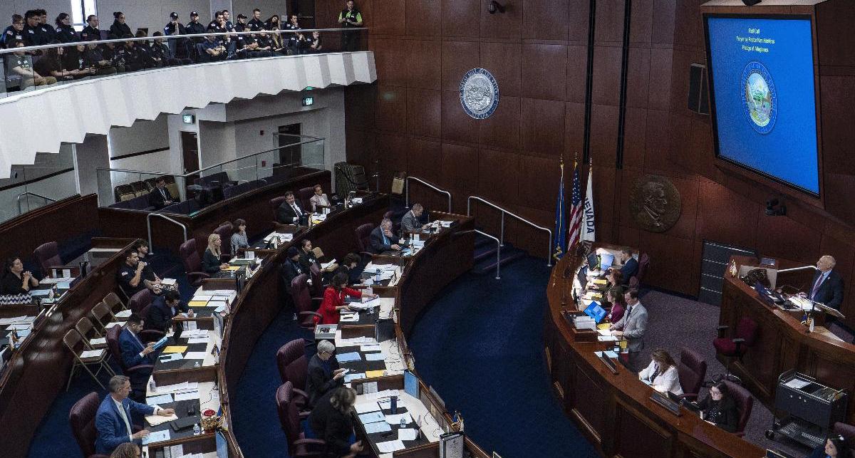 Inside of the Nevada State Legislature's Senate chambers.