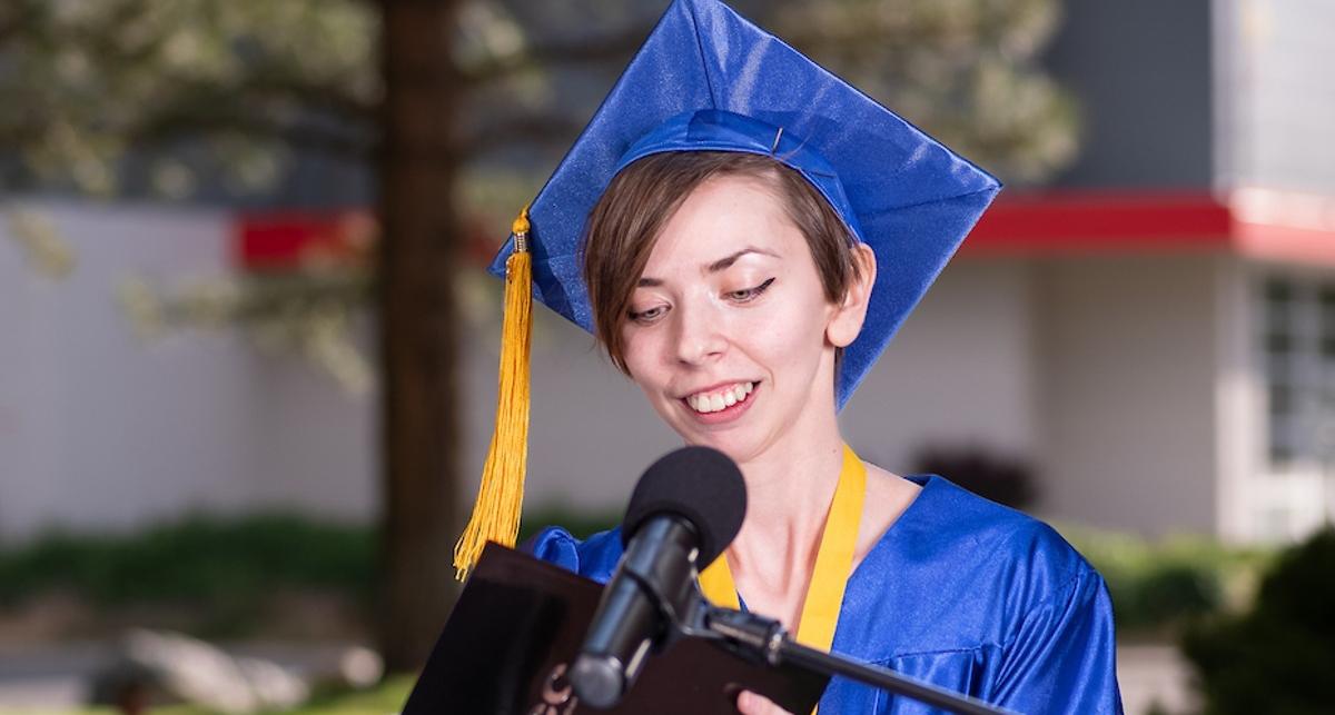 Valedictorian Mary Jane Squire gives a heartfelt speech to fellow graduates and the audience.