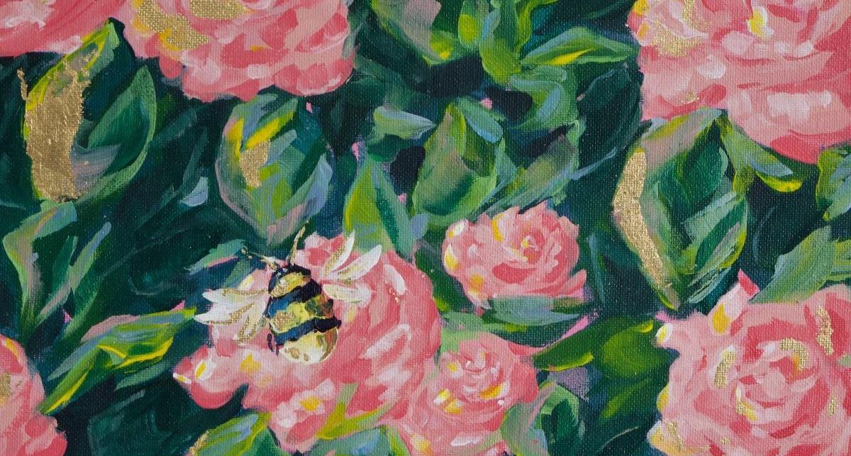 A bumble bee rests gently on a rose with emerald foliage surrounding it. Bumblebee on Roses, by Julianna Horvath.