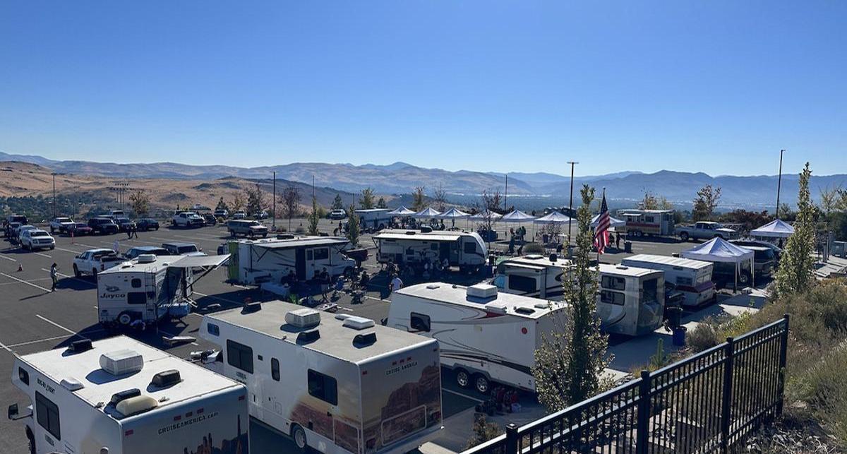 RV owners stationed their vehicles comfortably in the East Parking Lot before game time.