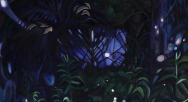 "Lights in the Forest" by Susanna Herrmann. Nature at twilight, with green, blue, and purple foliage, branching trees, and white firefly glow.