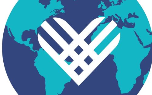 A Giving Tuesday logo depicts a dark blue earth with aquamarine continents and, in the middle, a white heart with stripes running through it.