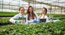 Three Agricultural Science students stand smiling in a lush greenhouse with hundreds of potted plants, a biological microscope, a tablet computer, test tubes, and a beaker filled with emerald-hued fluid.