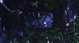 "Lights in the Forest" by Susanna Herrmann. Nature at twilight, with green, blue, and purple foliage, branching trees, and white firefly glow.