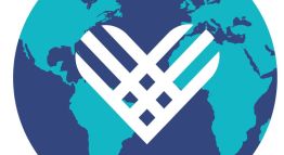 A Giving Tuesday logo depicts a dark blue earth with aquamarine continents and, in the middle, a white heart with stripes running through it.