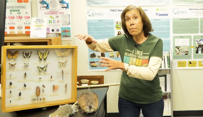 Cecilia showing off museum items